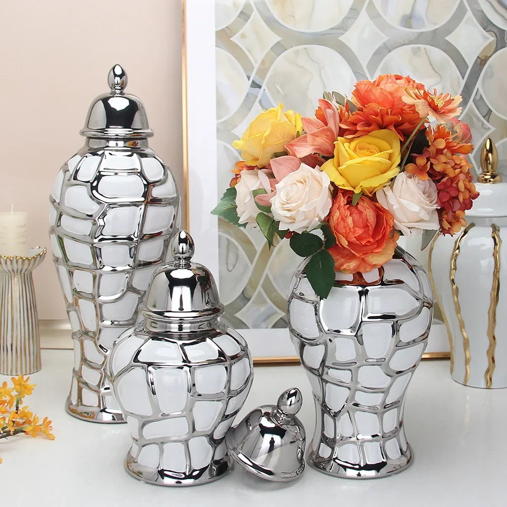 Ceramic General Pot Silver Grid  Porcelain Ginger Jar Storage Tank with Cover Flower Vase Home Furnishing Decoration Vases Pots 2
