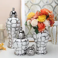 Ceramic General Pot Silver Grid  Porcelain Ginger Jar Storage Tank with Cover Flower Vase Home Furnishing Decoration Vases Pots 2