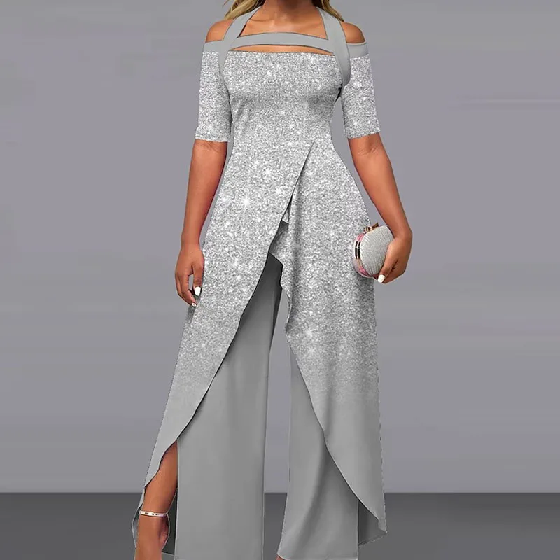 2023 Fashion Sexy Off-shoulder Printed Wide-leg Pants Jumpsuit Streetwear Casual Mid Waist Hollow Out Summer Straight Rompers