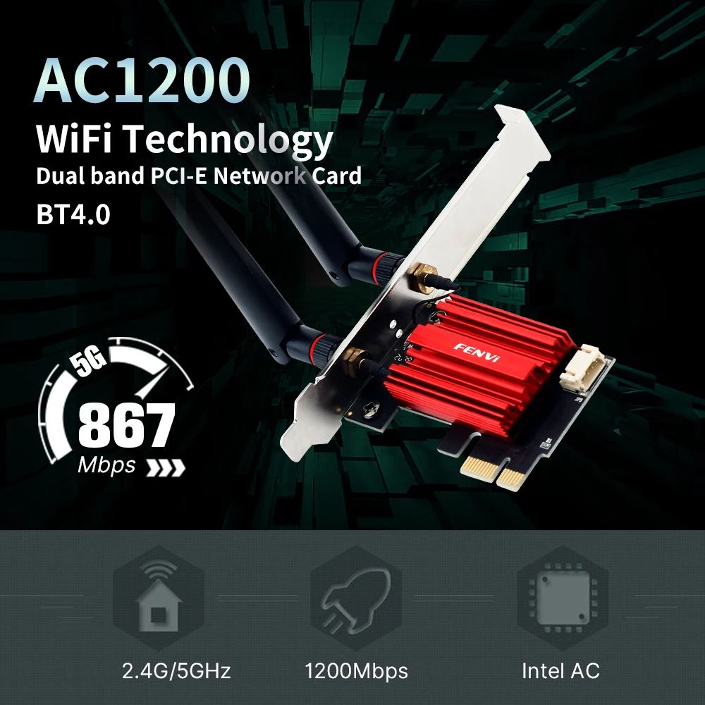 WiFi Adapter FENVI WiFi 5 PCIE AC1200 Wireless Network Card Dual Band 2.4G/5GHz 802.11AC For Bluetooth 4.0 Desktop Windows 10/11