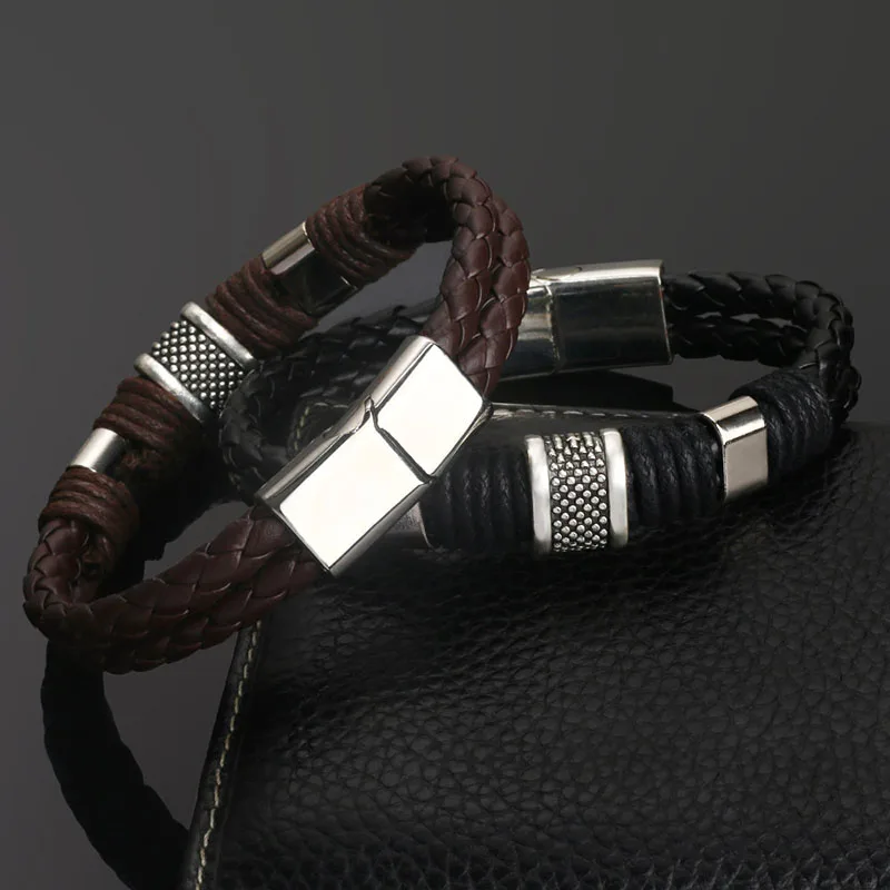 Vintage Genuine Leather Bracelet for Men Handmade Woven Bracelet Magnetic Clasp Wrap Homme Hand Jewelry Accessories for Leather Braided Bracelet Leather Bracelet