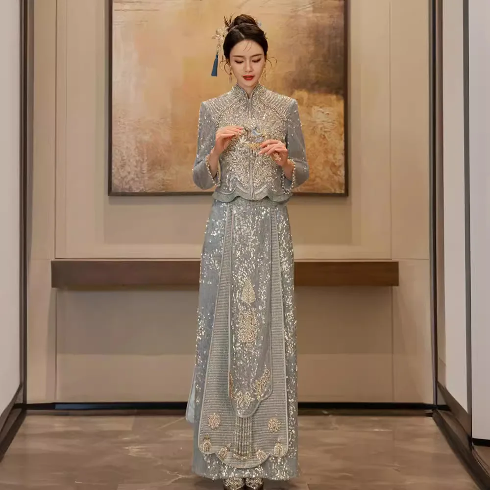 Blue Xiuhe Clothing Bridal Exit Clothing Malay Gown Skinny Dragon Phoenix Gown Toasting Wedding