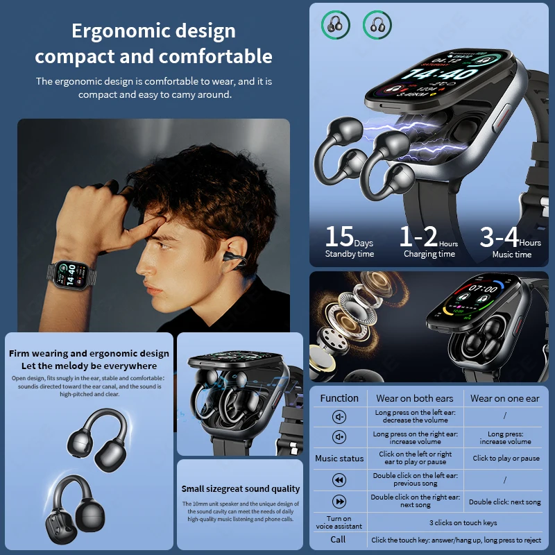 LIGE TWS 2-In-1 Clip-on Earbuds Smart Watch 2.01" BT Call Men Women Earphone Music Sports Smartwatch Heart Rate Health Monitor