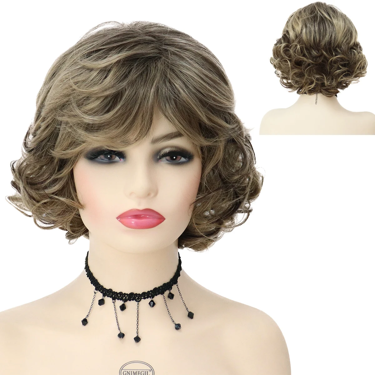GNIMEGIL Short Synthetic Wigs for Women Glueless Brown Curly Wig with Bangs Natural Looking Mommy Wig Costume Family Party Hair