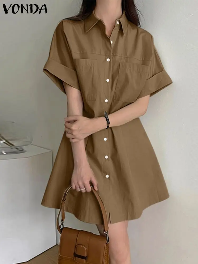 

Elegant Women Shirt Dress Casual Loose OL Sundress 2023 VONDA Fashion Solid Color Short Sleeve Mini Robe Vestidos Femininas