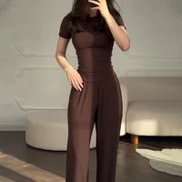 Casual Long Pants Suits Women O-neck Short Sleeve T-shirt Elastic Waist Trousers Set Spring Summer Solid Lady Household Clothes - Image 3