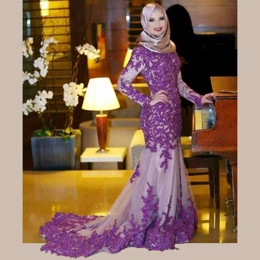 

Saudi Purple Mermaid Evening Dresses Illusion Long Sleeves Jewel Neck Dubai Abaya Kaftan Robe De Soiree With Lace Appliques Prom