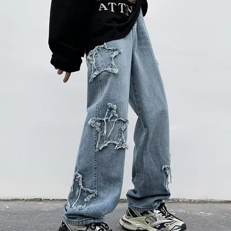 Y2K Baggy Jeans For Men Latest Design Fashion Star Printed Black Cotton  Trouser Bottom Loose Straight Leg Distressed Denim Pants - AliExpress
