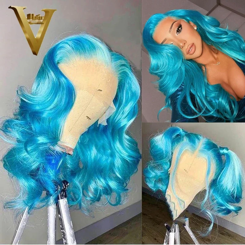 

Light Blue Body Wave Lace Front Wig Short Bob Colored 13x4 Lace Frontal Human Hair Wigs For Women Brazilian (CHAJIA)