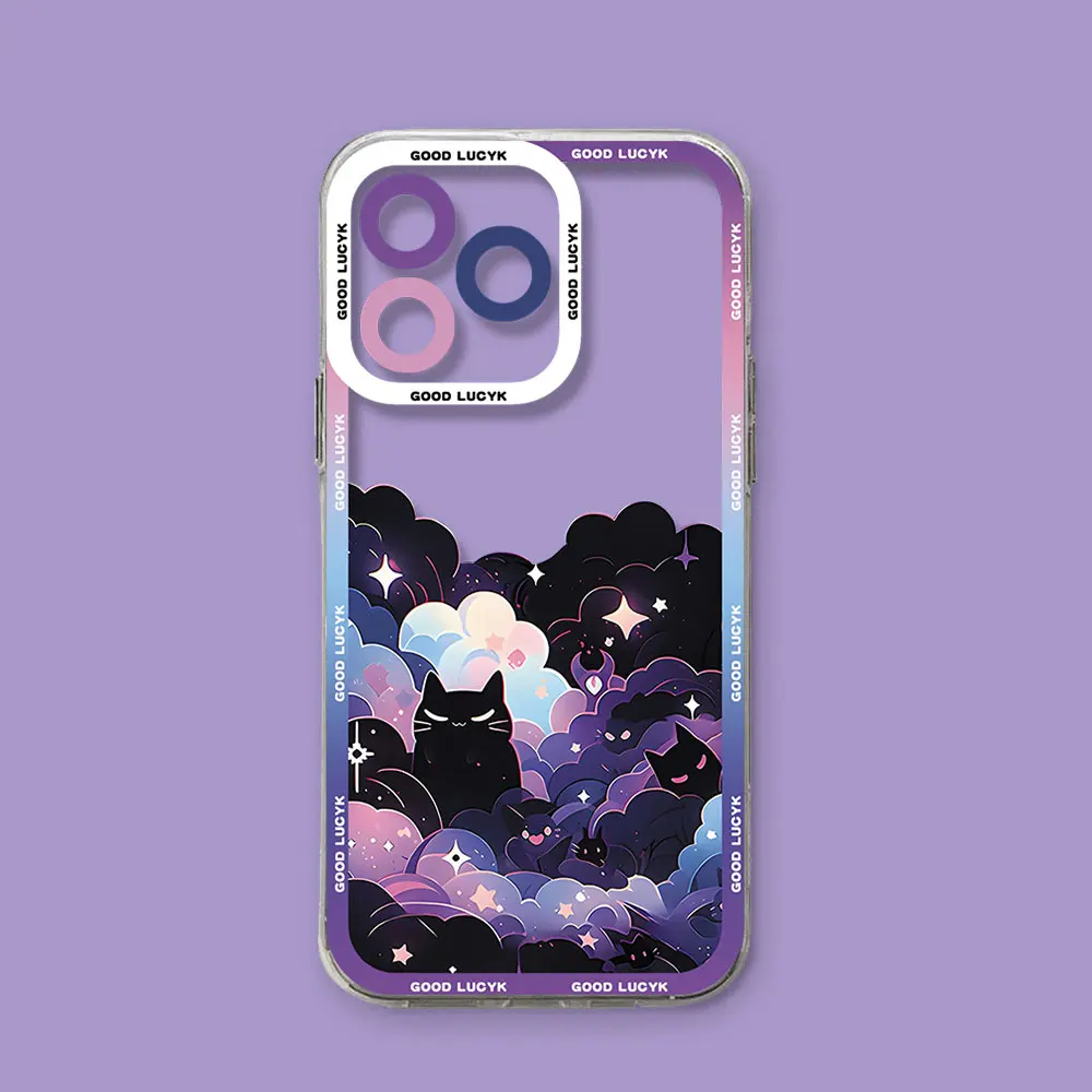 Cartoon Starry Sky Black Cat Clear Soft Phone Case