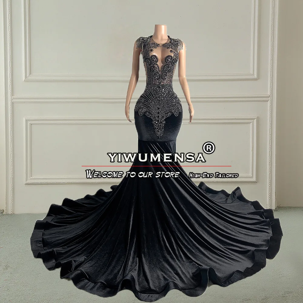 

Luxury Crystals Beading Mermaid Prom Dresses Sleeveless Black Velvet Black Girls Birthdays Party Evening Gowns vestidos de gala