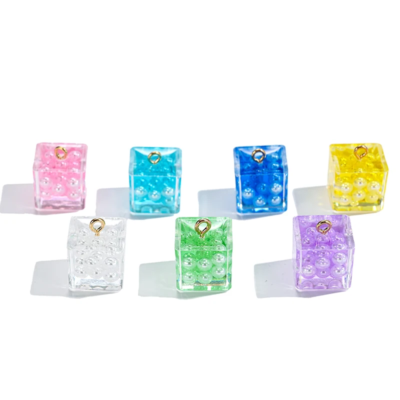

10Pcs New Transparent Square Cube Beads Charms Imitional Pearl Resin Charms For Jewelry Making Handmade Necklace Earring