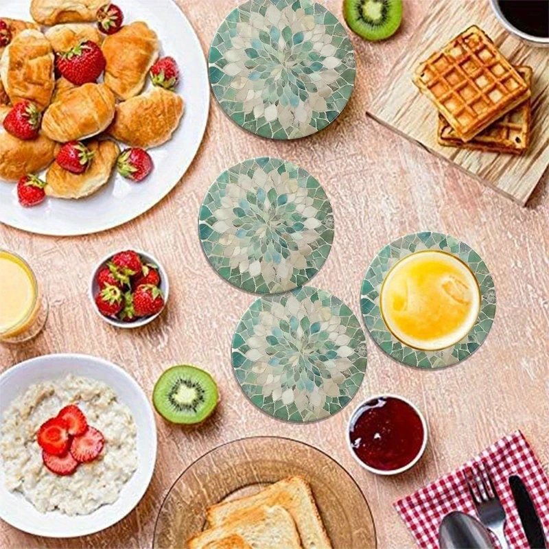 2D Retro Green Leaf Pattern Wooden Cup Mat Anti-Slip Coffee Hot Drink Coaster Home Decor Table Protection Pad 2