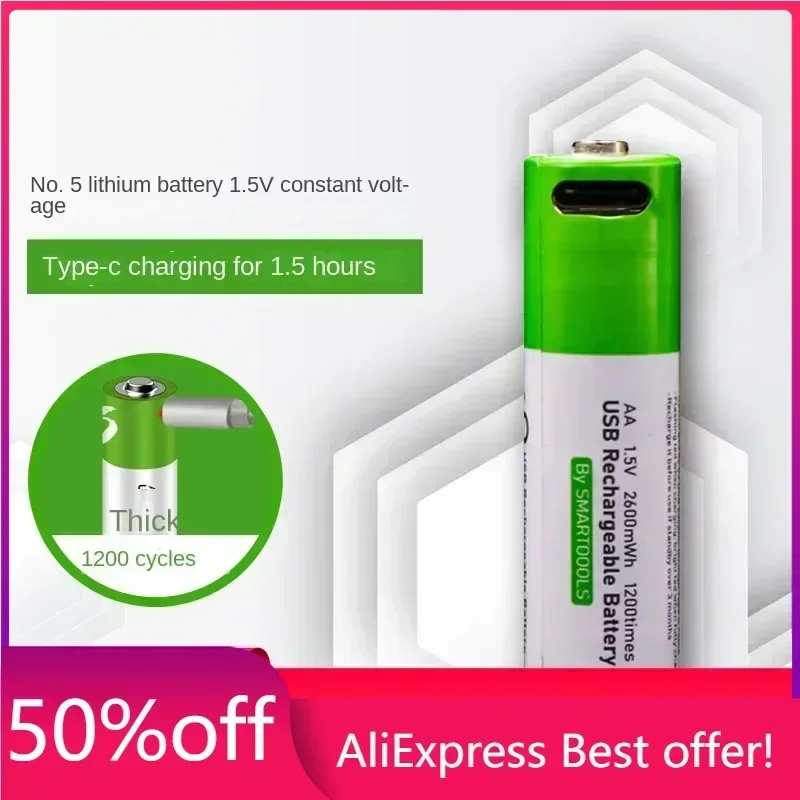 High Capacity Rechargeable Batteries 5# 1.5v 2600mWh Fast Charge Type-C Port AA Battery for Toys and Doorbells