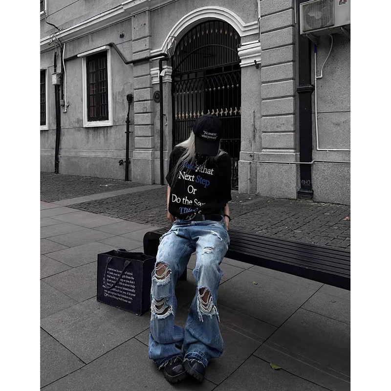 ZHIZOU American Retro Y2K 2000s Ripped Blue Jeans Women Loose Wide Legs 2026 Spring Style Design High Waist Straight Trousers 5