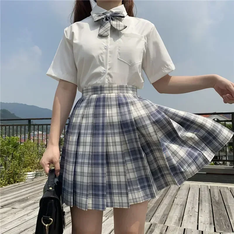 Japanese School Uniform Shirt Plaid Skirt Set Korean School JK Short Sleeve Pleated Skirt Set Girl Seifuku