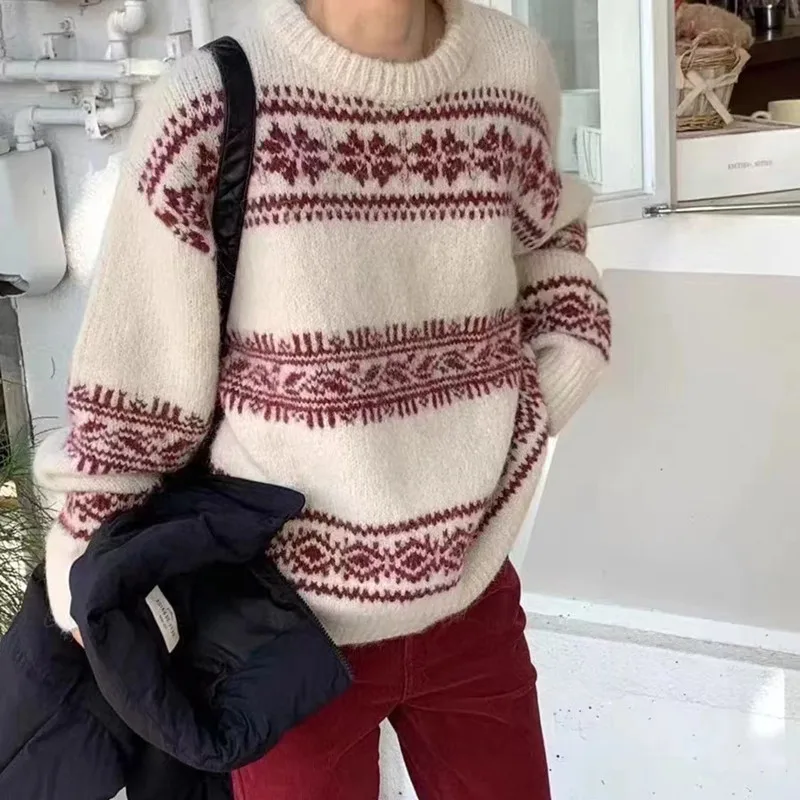 

EBAIHUI Fashion Christmas Women's Sweater Vintage Jacquard Ladies Knitwear Autumn Winter Loose Round Neck Long Sleeved Pullover