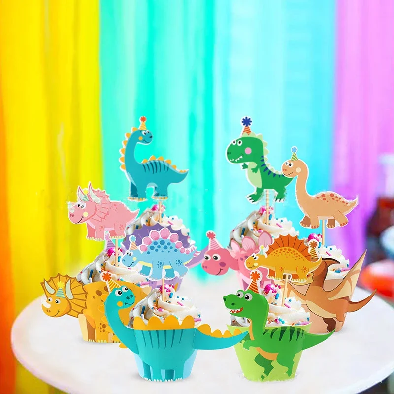 Cute Cartoon Dinosaur Cake Topper Jungle Safari Dino Birthday Cake Surround Kids Happy Birthday Dinosaur Theme Party Cake Decor