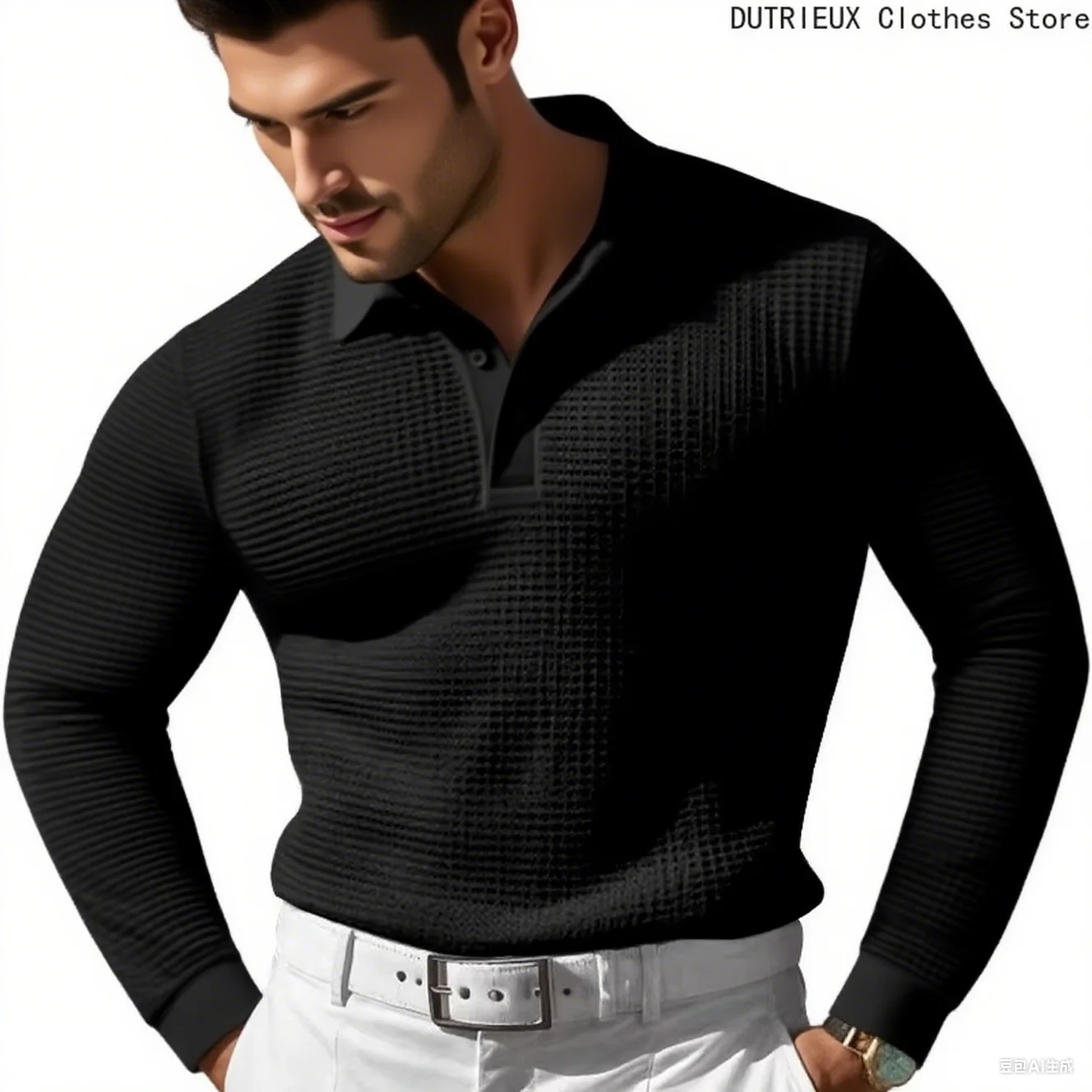 T-shirt sportiva con bottoni risvolto a maniche lunghe con motivo waffle, polo da uomo d'affari autunnale, top casual comodo e traspirante - immagine 2