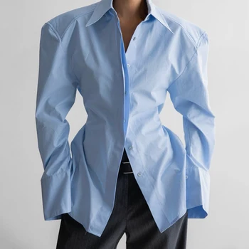 Linad Casual White Puff Sleeve Shirts Female Office Lady Blue Single-Breasted Woman Blouse 2026 Street Chic Lapel Tops Spring 1