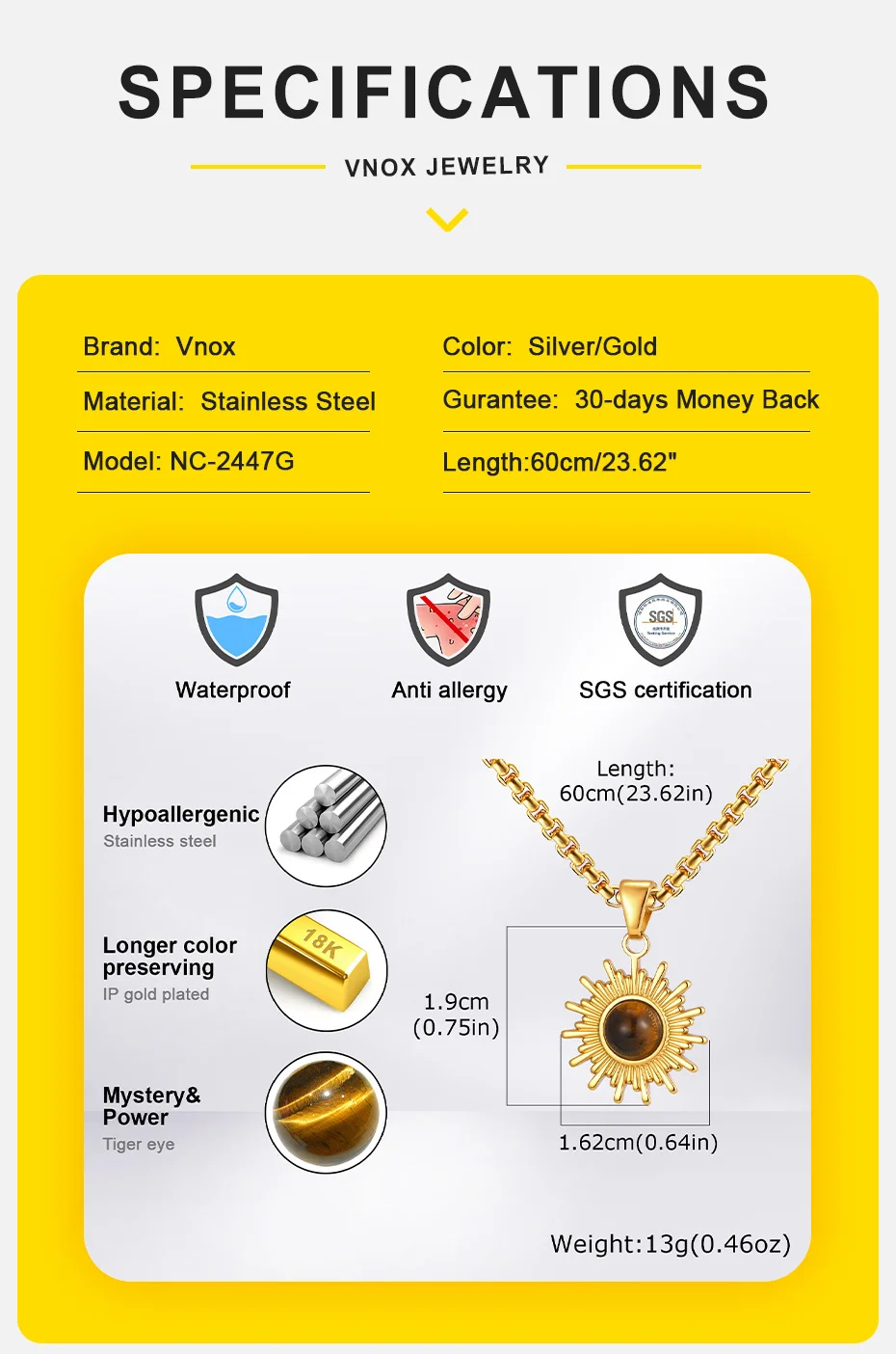 Vnox 60cm Kastenkette mit Sonnenblumen-Anhänger, Tigerauge-Stein Silber Vergoldet Karabinerverschluss Schmuck Geschenk für Männer Frauen Neu – Detail 4