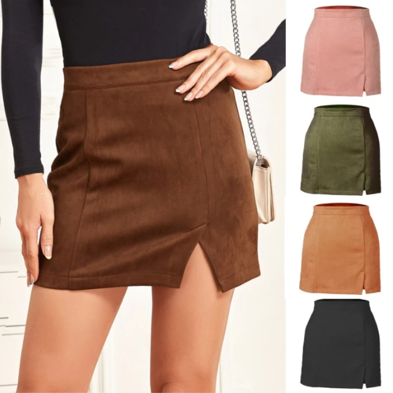 black pencil skirt 2021 Women's Suede Hip Wrap Skirt High Waist Zipper Autumn Winter A-line Solid Color Skirt Girls Daily Chocolate black skirt
