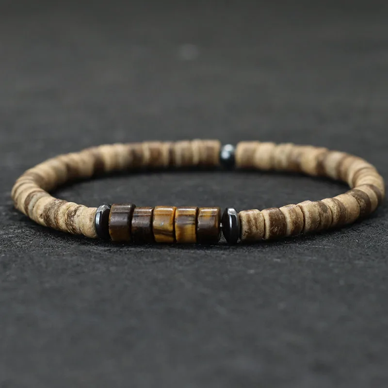 Coconut Bead Unisex Bracelet with Natural Wooden Stone