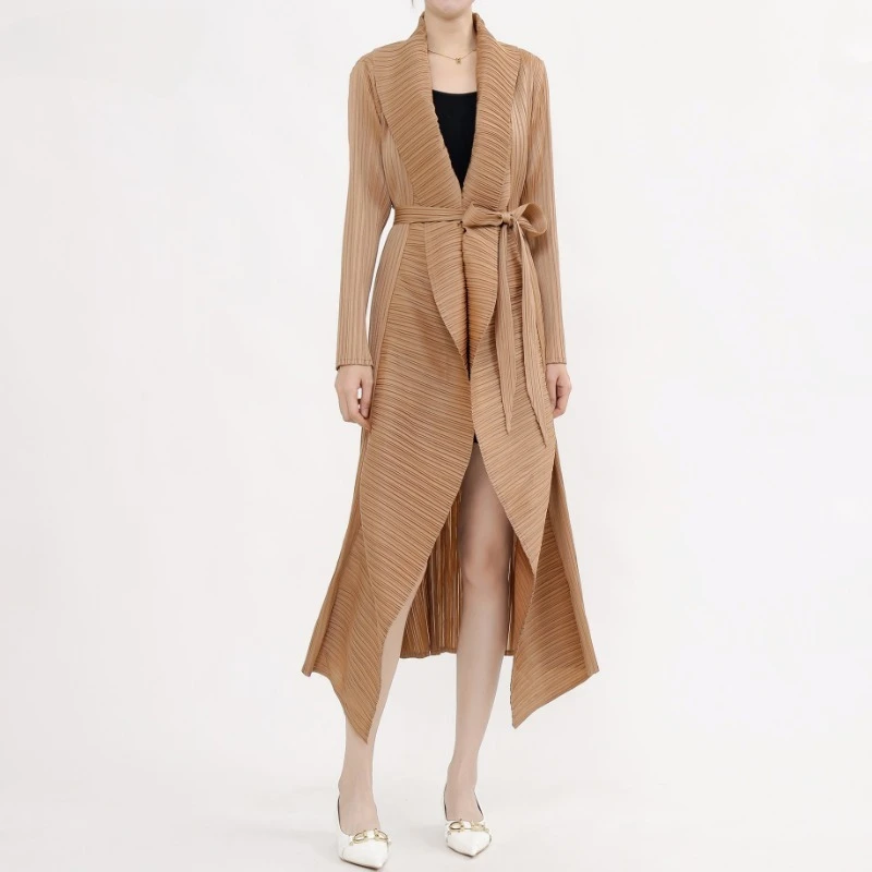 

Miyake Pleated Women Oversized Trench Lapel Long Sleeved Cardigan Retro Design Long Jacket 2024 Spring New Female Luxurious Robe