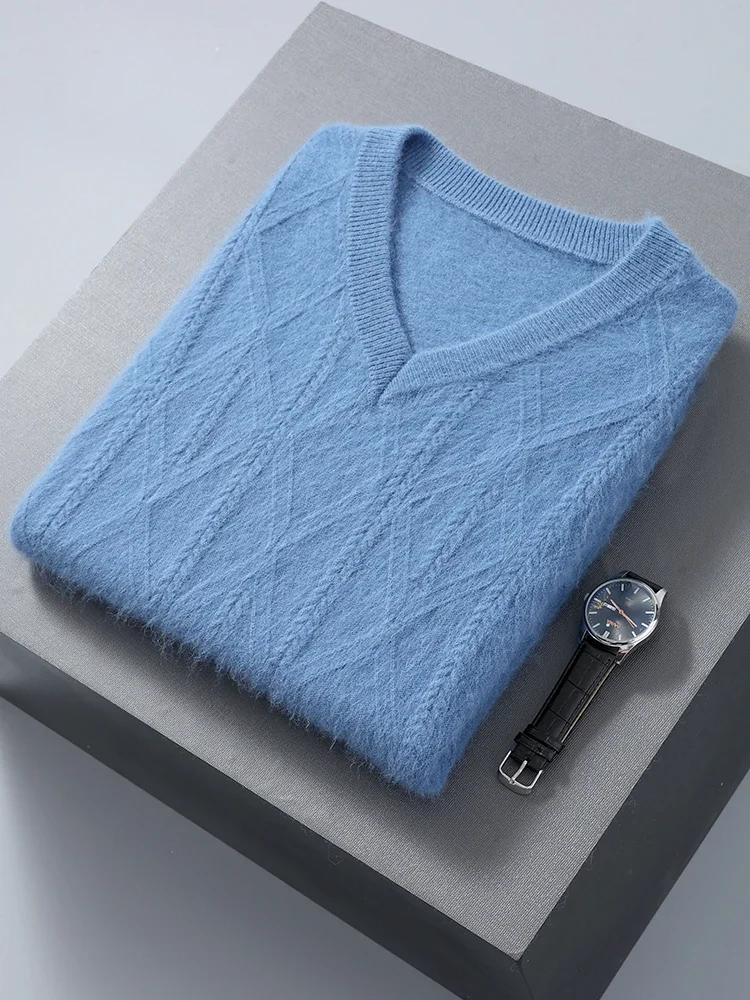 Men's Cashmere Vests V-neck Sweater Pullovers 100% Mink Cashmere Knitwear Autumn Winter Sleeveless Waistcoat Thick Clothing Tops