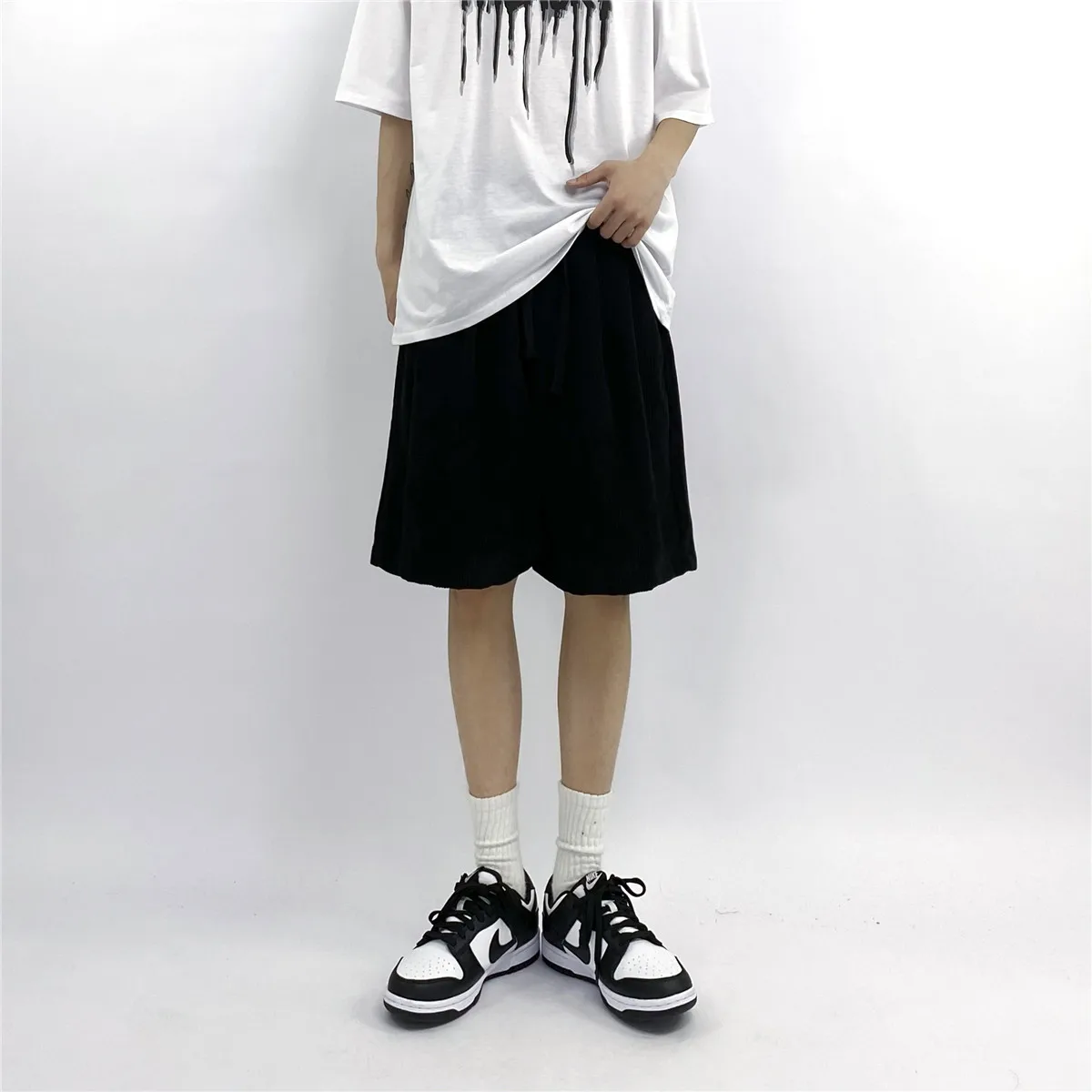 Boy Men Corduroy Straight Shorts Couple Lovers Streetwear Hip Hop Shorts Knee Length Loose Dance Party Club Summer Short Pants