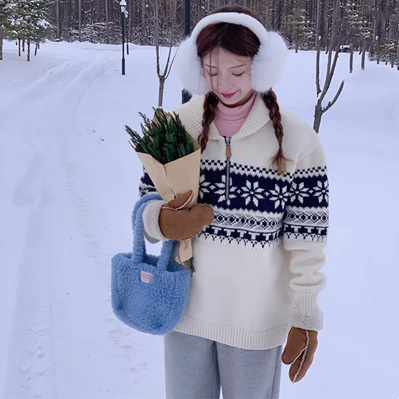 Vintage Autumn and Winter Women's Lapel Neck Long-sleeved Zip-neck Sweater Fashionable and Elegant Knitwear Jumper