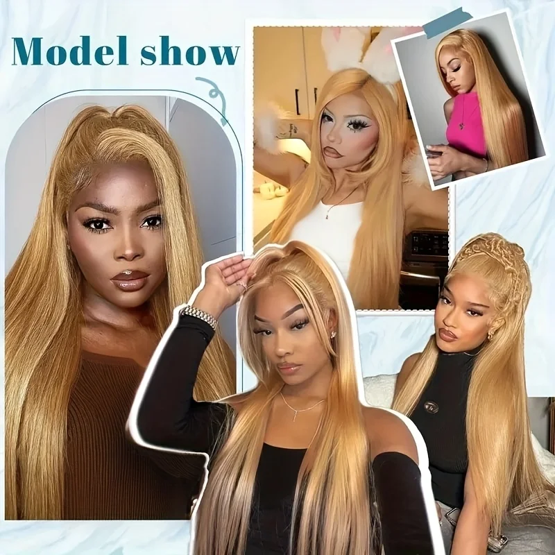 Bone Straight Honey Blonde Human Hair Wigs #27 13x6 HD Transparent Lace Front Wigs For Women Pre Plucked 200% Density 30 Inch 6
