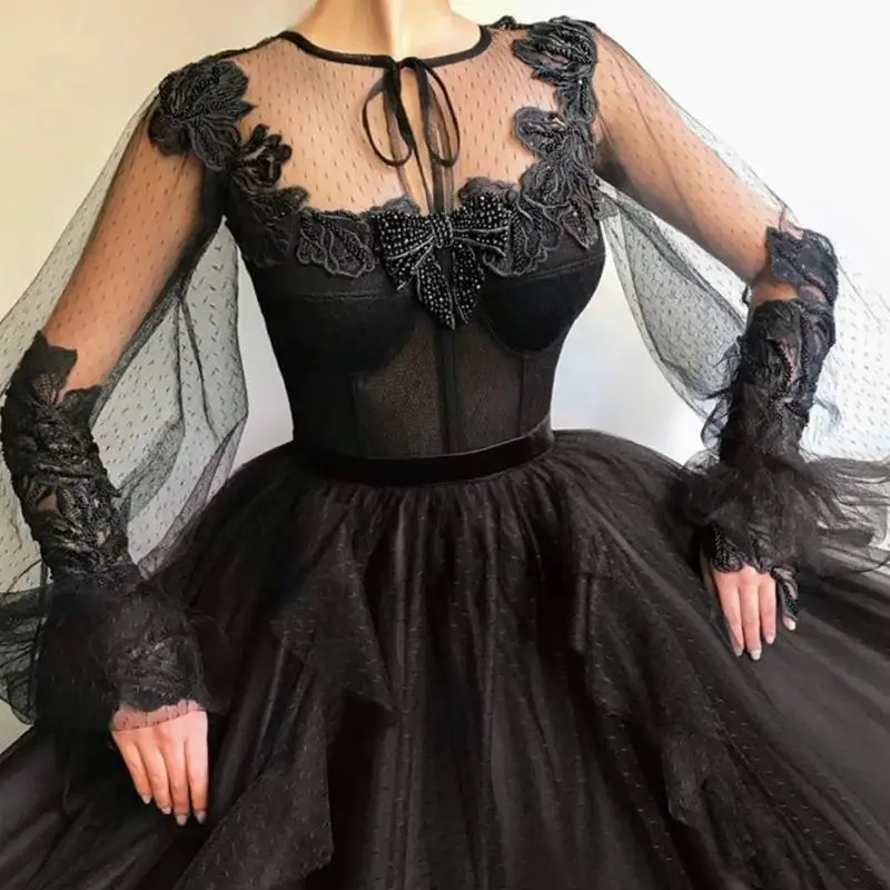 

Элегантное готическое черное платье принцессы для выпускного вечера, кружевное Тюлевое платье с длинным рукавом для девушек 15-16 лет, милое вечернее платье для выпускного вечера