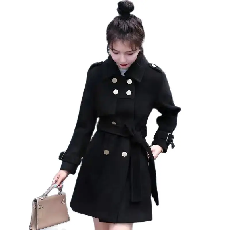 

Double-breasted Women Windbreaker Nice Autumn Winter Women's Woolen Trench Coat Ladies Slim Woolen Overcoat Thickening Wool Coat