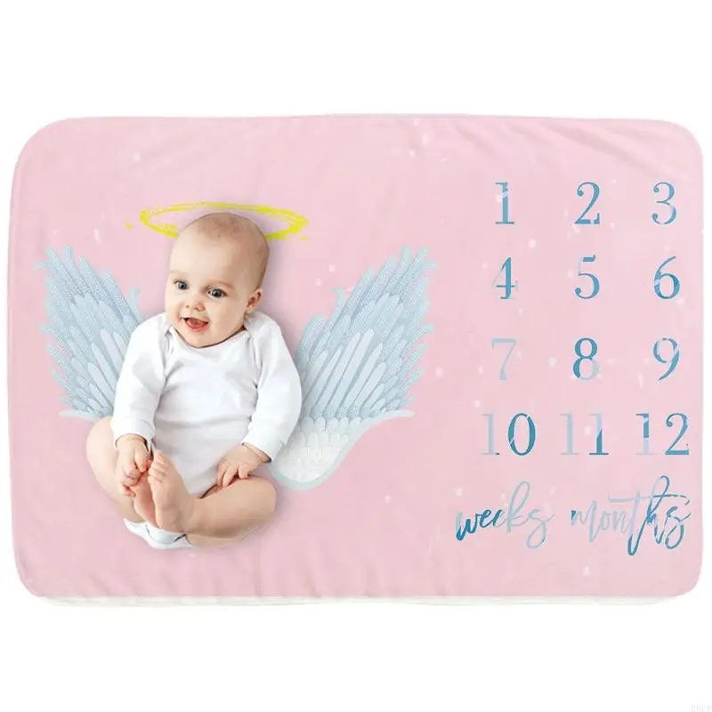 R6FD Baby Month Milestone Blanket Monthly Record Growth Blanket Newborn Soft Flannel Angel Wing Printed Photography 2
