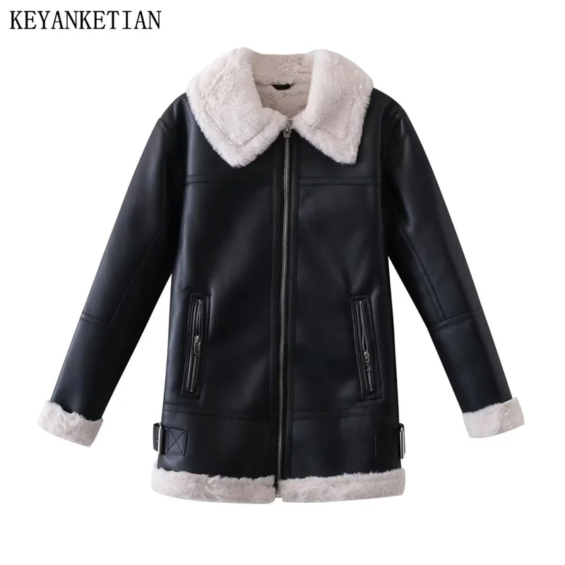 keyanketian-winter-new-women's-leather-jacket-vintage-warm-leather-zip-jacke-black-white-color-scheme-straight-leg-pu-tops