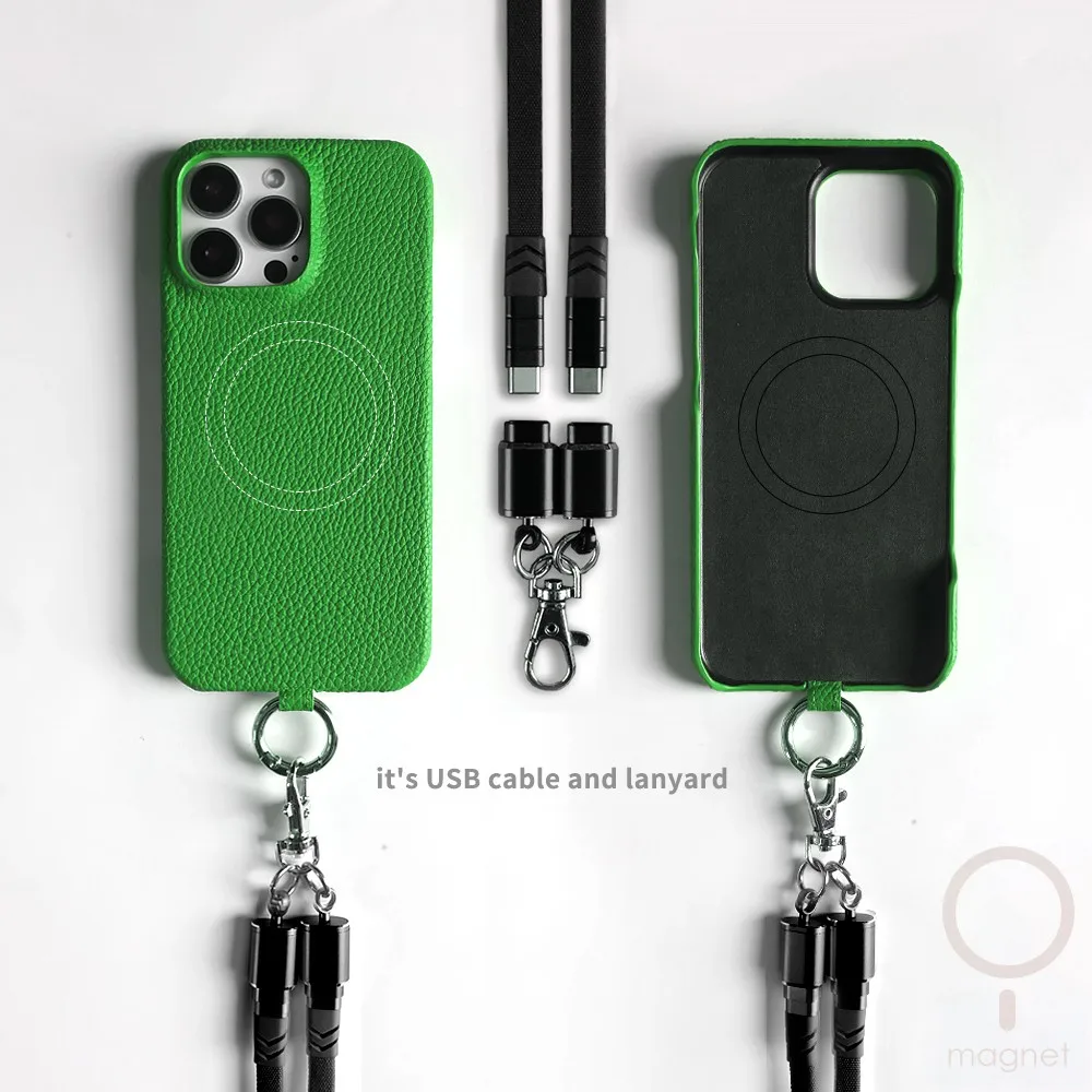Premium Genuine Leather Magnetic Phone Case with Versatile Lanyard and USB Charging Cable