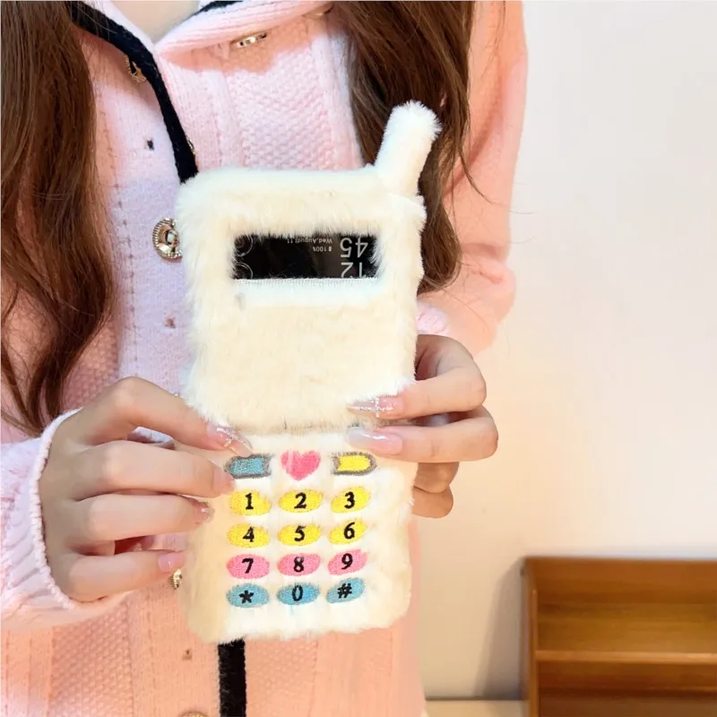 Retro Vintage Fluffy Phone Case - Cute Classic Brick Design Plush Furry Soft Cover