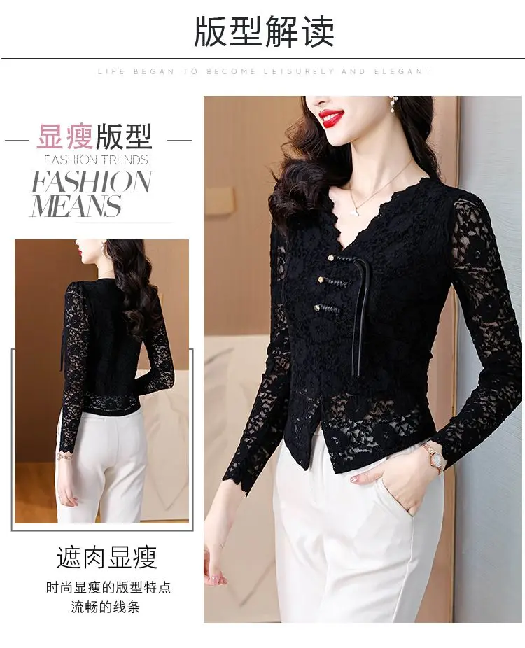 Neue Chinesische Stil Schnalle Chic Schlitz Spitze Hemd für Frauen 2025, Herbst Neue Temperament Hemd Modische Lange-ärmeln top – Detail 9