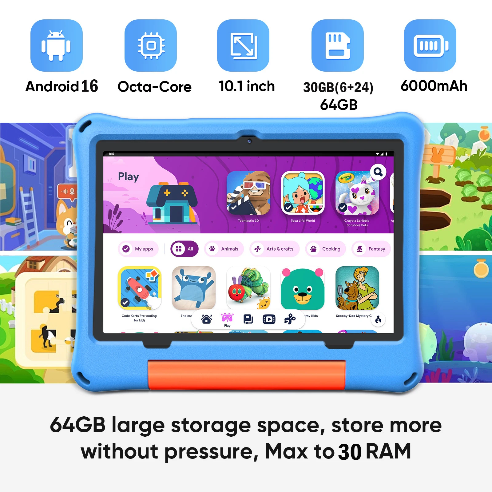 10.1-Inch Children's Tablet Android 16 WIFI Eight Core Processor 30GB (6+24) RAM 64GB ROM YouTube with EVA Protective Case