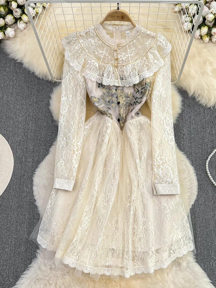 

Vintage Jacquard Dress Women Lace Hook Flower Contrast Color Party A-line Dresses 2023 Spring Summer New Tide Clothes H226