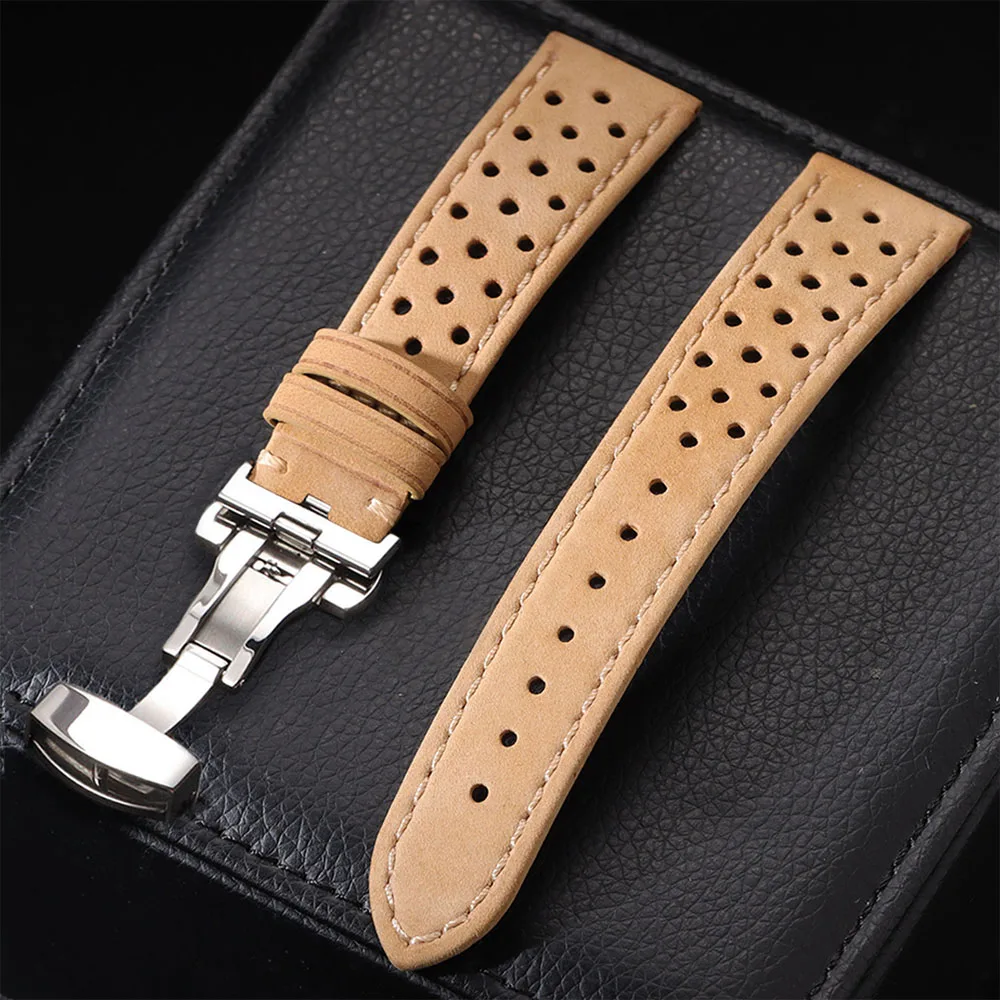 Universal Genuine Cowhide Leather Watch Band with Butterfly Buckle - Vintage, Breathable Strap