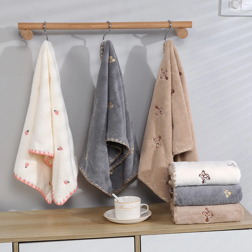 Soft Coral Fleece Towels Set Peach Bear Cherry Embroidered Face Bath Towel for Bathroom Kids Adults Super Absorbent Hand Towels bath towels cotton towel cotton face towels