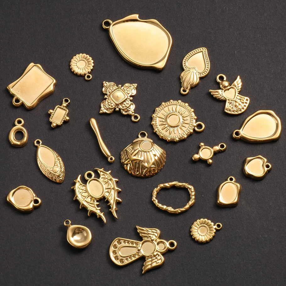 5 Stück goldfarbene, unvollendete Anhänger mit unregelmäßiger Geometrie, Flügel, Muschel, Auge, DIY-Edelstahl-Cabochons-Anhänger für die Schmuckherstellung