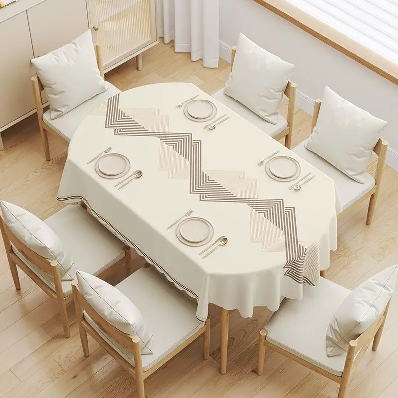 Tablecloth Oval 180cm PVC Beige White Modern Style Table Cover Water