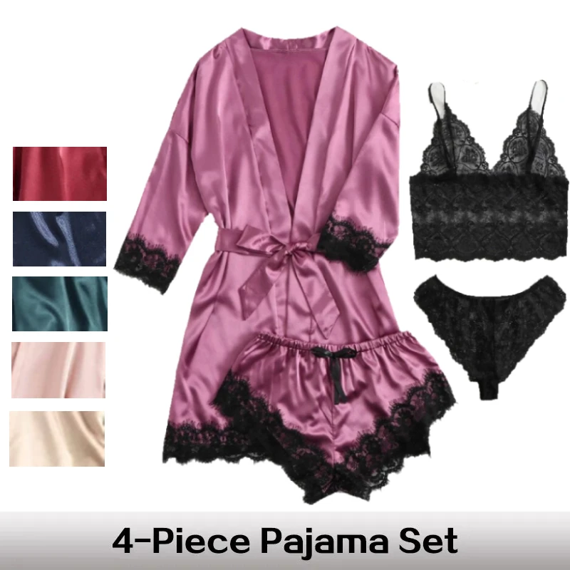 

4Pcs Set Women's Fashion Comfortable Nightwear Lace Satin With Silk Sleepwear Robe Sexy Pajama Pants Home Clothes Set Sleepwear