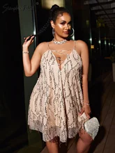 

Simplee Plus Party sexy sequins tassel women slip dress plus size Club deep v-neck fashion dress Straps backless mujer vestidos