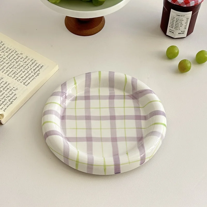 Ceramic Arts Ins Wind Sand Pull Plate Girl Heart Color Lattice Dim Sum Breakfast Dessert Plate Western Food Fruit
