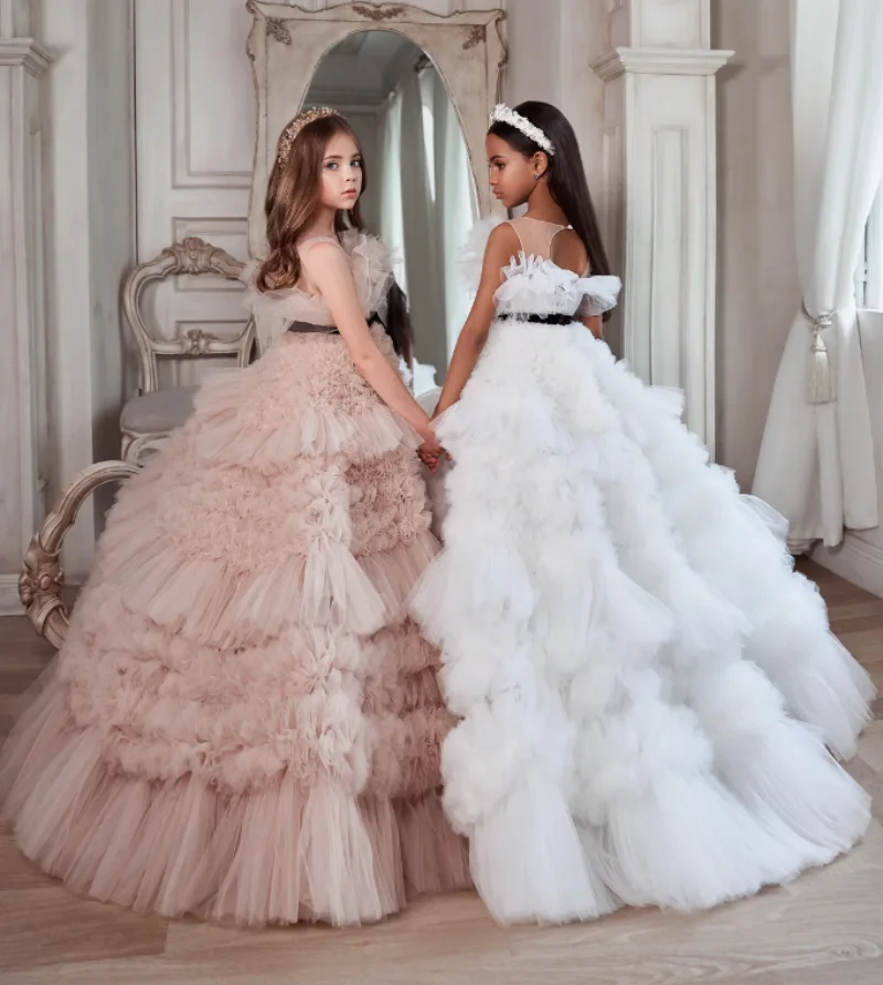 

2024 New Princess Flower Girl Dress Tulle Ribbon Party Wedding Celebration Birthday Gown First Communion Prom Dress