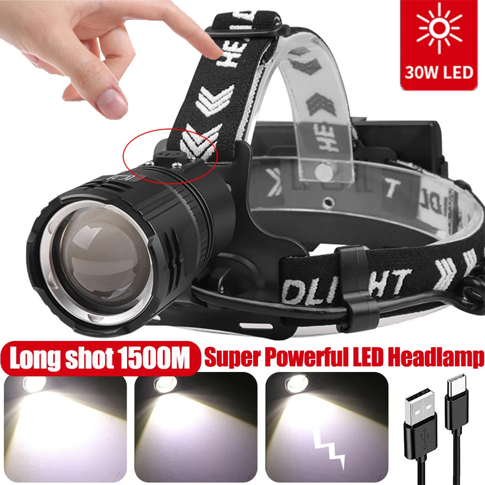 Super Powerful LED Headlamp Type C USB Rechargeable 30W Head Lamps